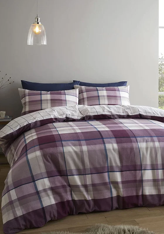 Allergy - friendly duvet covers for bedrooms with sensitive air qualityCatherine Lansfield Reversible Brushed Check Duvet Set, Plum