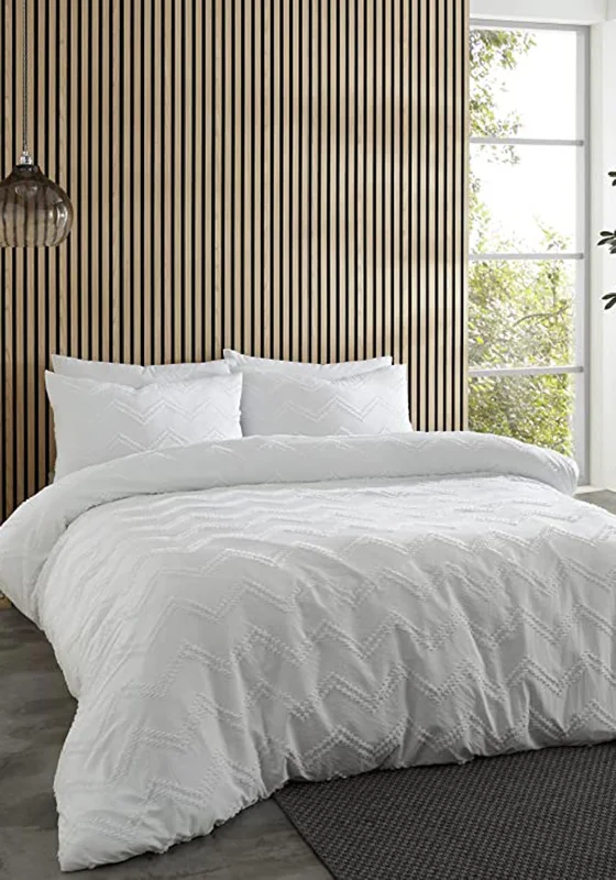 Moisture - wicking duvet covers to prevent night sweatsCatherine Lansfield Chevron Clipped Jacquard Duvet Set, White