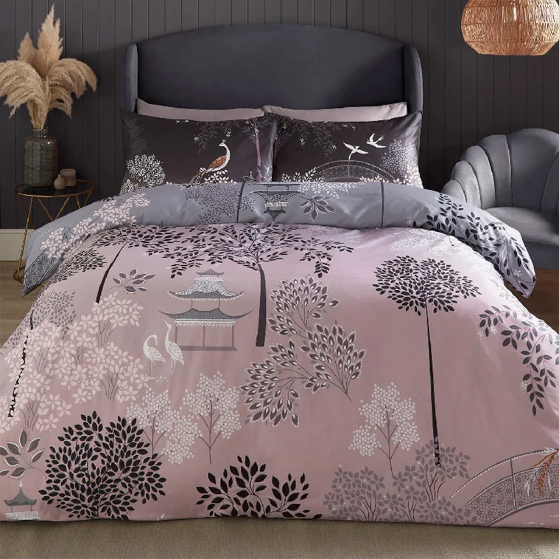 Solid - colored duvet covers in classic colors like white, black, and navy for a timeless lookSara Miller Pagoda Garden Blush-Grey Cotton Duvet Set