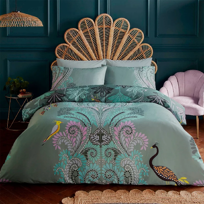 Budget - friendly duvet covers for first - time homebuyers or studentsSara Miller Peacock Filigree Dark Sage Cotton Duvet Set