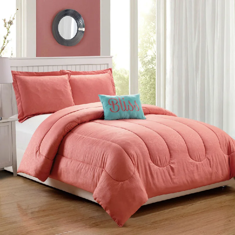 Duck down comforters with a softer feel and good warmth retentionBabylon Coral Embossed 4-Piece Comforter Set