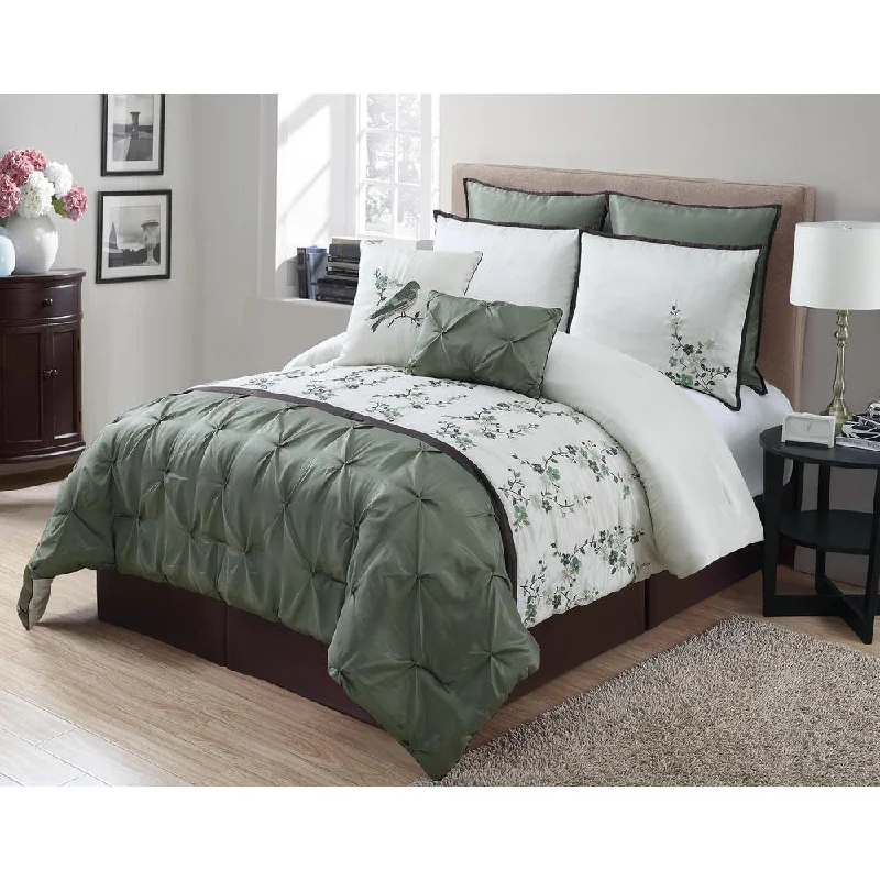 Bamboo - fiber - filled comforters with antibacterial and breathable qualitiesGreen Pintuck Floral Queen Sized 8-Piece Comforter Set