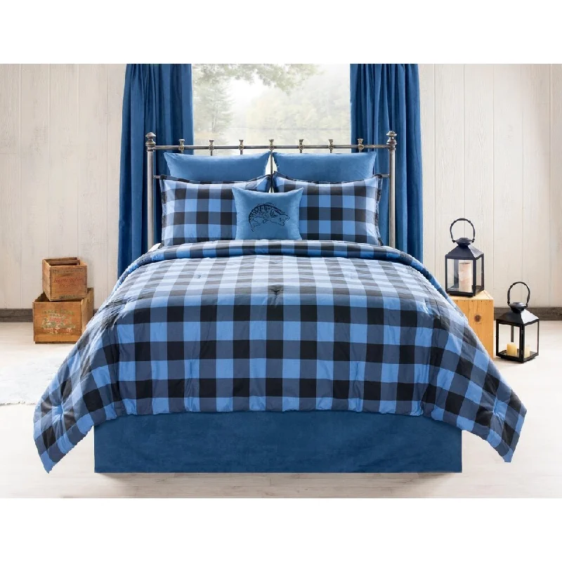 Wool - filled comforters with natural moisture - wicking and temperature - regulating featuresStill Lake Cabin and Lodge blue Plaid comforter set