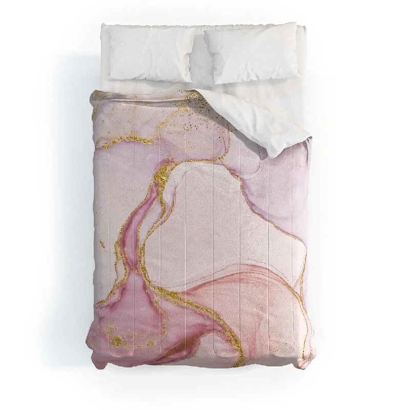 Silk - filled comforters for a luxurious and smooth touchUtart Blush Pink And Gold Alcohol Ink Marble Made To Order Full Comforter Set