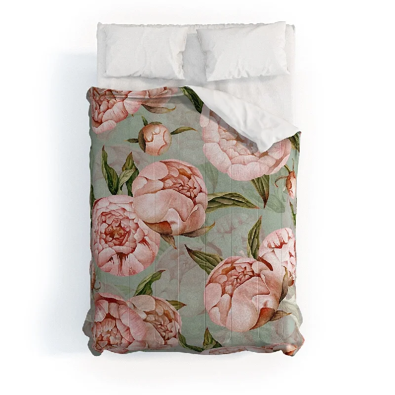 Synthetic - filled comforters like polyester for affordability and hypoallergenic propertiesUtart Peach Peonies Watercolor Pattern On Teal Sepia Made To Order Full Comforter